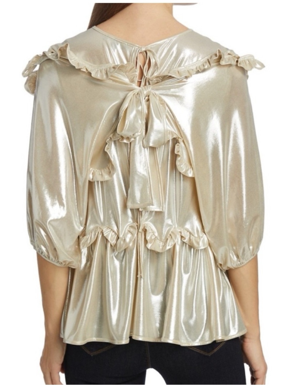 En Saison Shiny Top Ruffle Tie Back 3/4 Sleeves Womens Medium